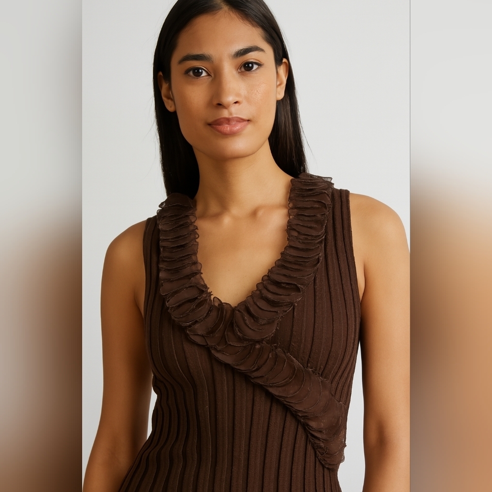 Y2K Ruffled Holiday L Sleeveless Brown Ribbed Knit Top VintageTextured #1,142)